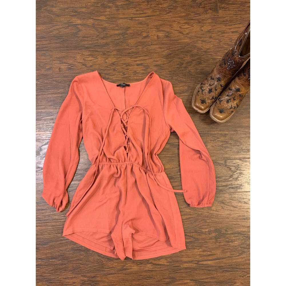 Coral lace-up romper